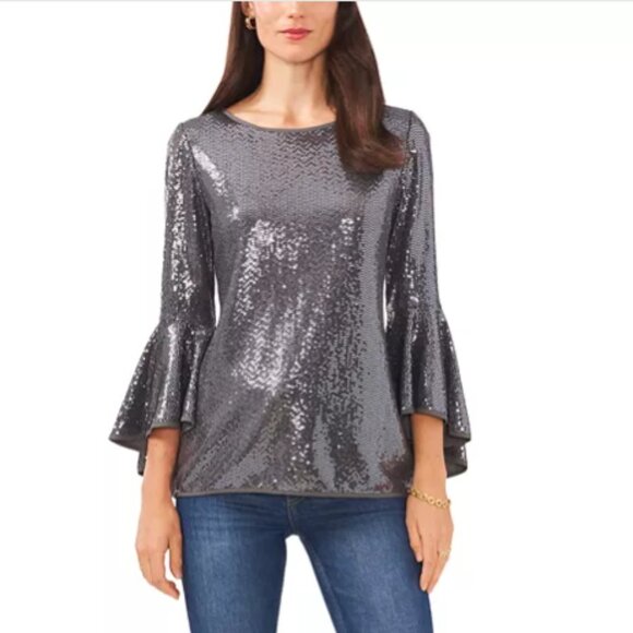 Women's Metallic Knit Flutter Sleeve Top - Picture 3 of 4